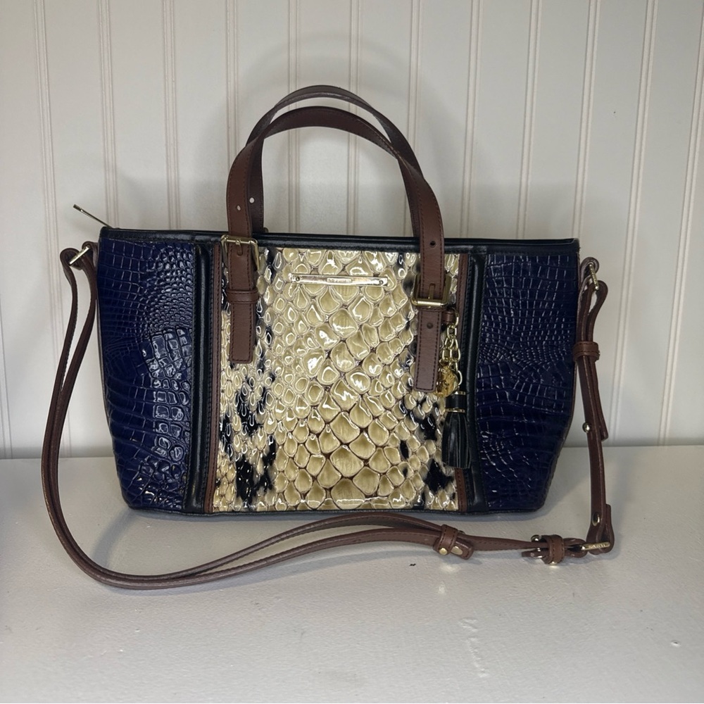 Brahmin Mini Asher Satchel Brown Blue  Crossbody Shoulder Bag Great Condition